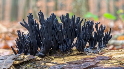 Close-up of Black Fungus with Intricate Details on a Forest Log