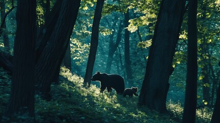 Mother bear and cub silhouetted in mystical forest setting with sunlight filtering through trees creating atmospheric morning scene
