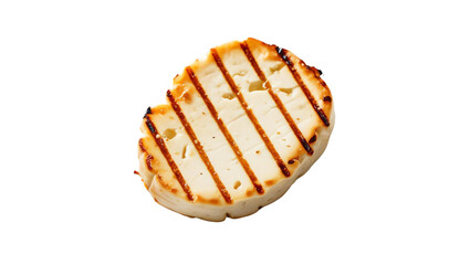 Close-up of a perfectly grilled, golden-brown halloumi cheese slice with caramelized grill marks against a white background.