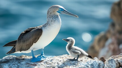 Adult blue footed booby with fluffy white chick on rocky coastline, showcasing parental bond against turquoise ocean background