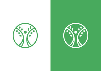 line art nature logo vector design of tree and man or person inside circle, abstract tree logo symbol inside circle	