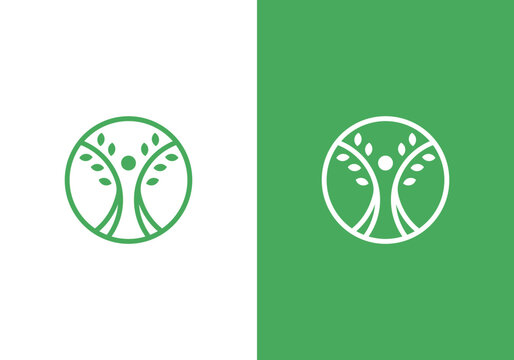 line art nature logo vector design of tree and man or person inside circle, abstract tree logo symbol inside circle	