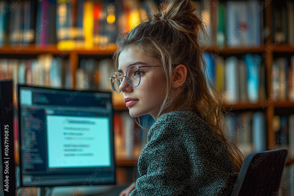 Poster young woman coding at a computer in a library during evening hours