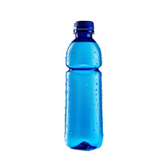 Blue plastic water bottle with droplets, isolated on white background. Perfect for hydration, sports, fitness, and travel concepts.