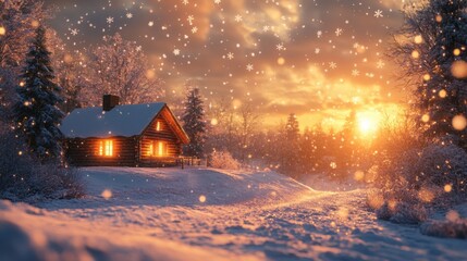 Snowy scene with a cabin in the middle of a snowy forest