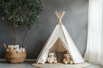 Cute Children's Room with Gray Wall, White Teepee Tent, and Teddy Bears