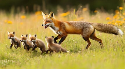 Adult red fox leading four playful cubs through meadow with yellow wildflowers, showing natural parenting behavior in wildlife setting