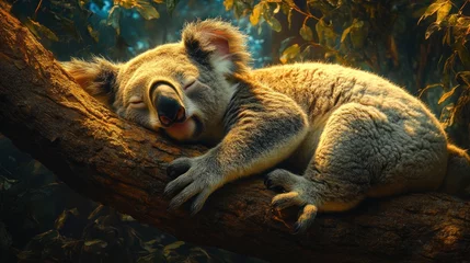 A koala bear sleeping peacefully on a tree branch in the forest. © kucret