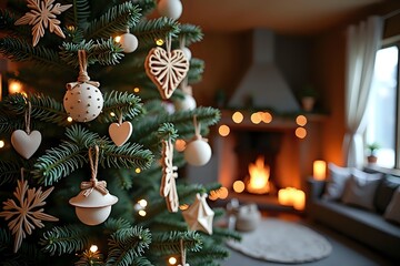 Christmas tree decorated in Norwegian tradition with handcrafted paper chains, wooden snowflakes, and straw hearts in a cozy cabin with candle-lit glow, with copy space to the right