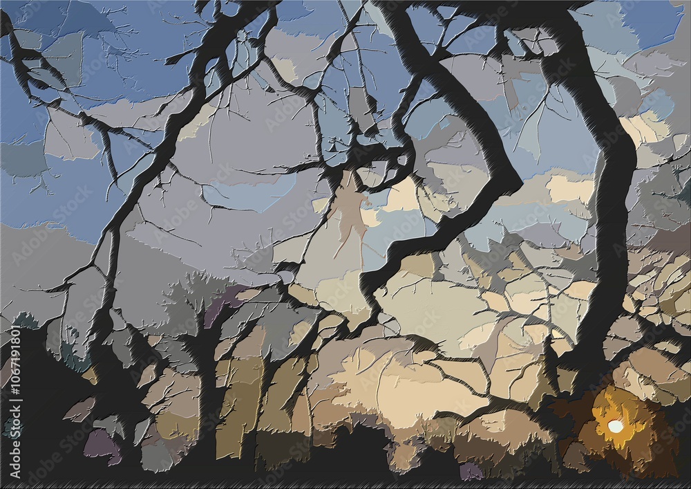 Aufkleber dark branches trees in forest and sunlight of setting sun low above horizon - graphics with 3d effec