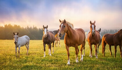 Obraz premium nature farm horses, farm sheep, grass field background, Fresh and Relax concept. For montage product display or design key visual layout. View of copy space