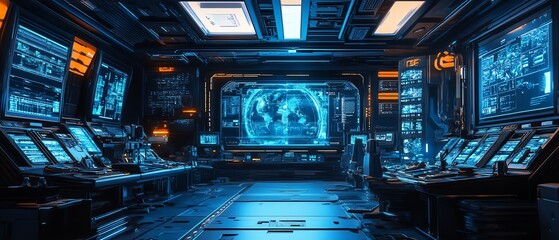 Obraz premium Craft a digital 3D image of a watchful supervisor at a skewed angle in a futuristic control room