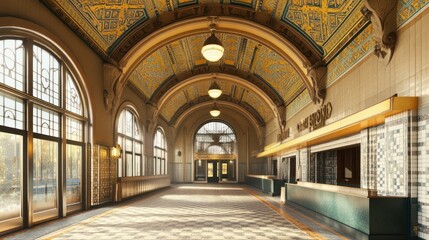 Fototapeta premium Art Deco Station - Station with Art Deco-inspired architecture, featuring intricate patterns and vintage charm.