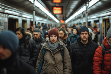 Crowded subway station during evening commute with diverse passengers