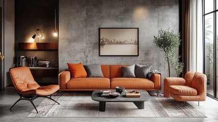 Modern Living Room with Orange Sofa, Grey Walls, and a View of a Cityscape