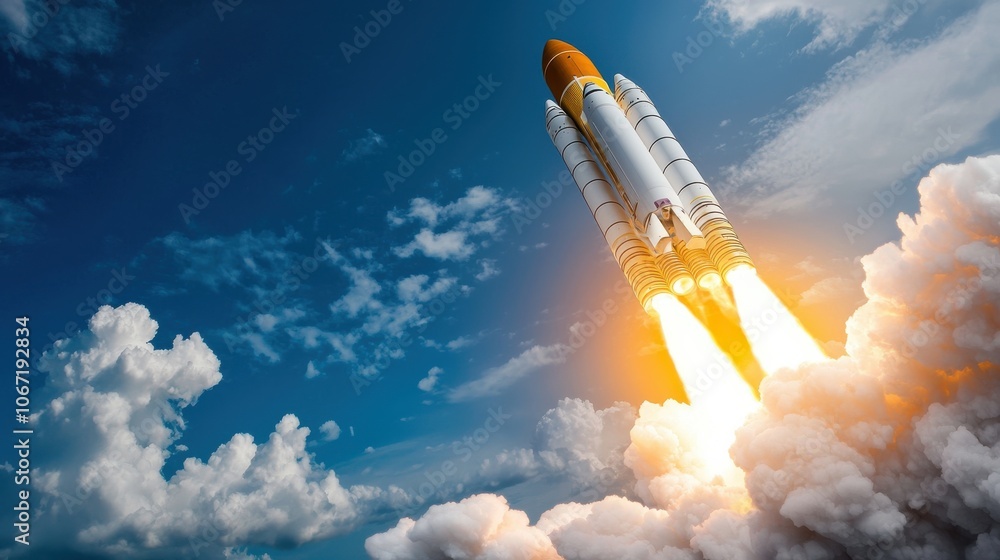 Aufkleber advanced rocket launch from below with dramatic clouds