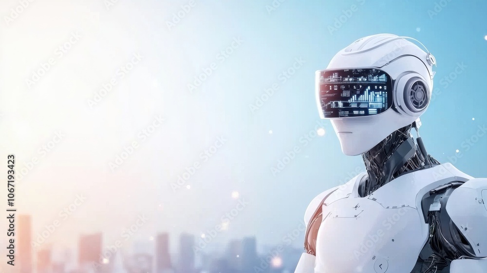 Poster futuristic robot with holographic display in urban setting