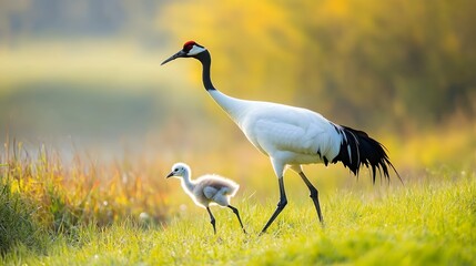 Fototapeta premium A graceful crane walks alongside its chick in a sunlit meadow, showcasing a tender moment of wildlife