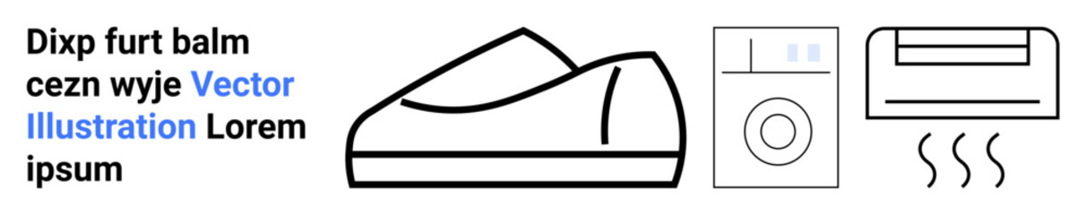 Black and white icons of a shoe dryer, washing machine with blue accents, and air conditioner with wavy steam lines. Ideal for home appliance, electronics, household chores, cleanliness, smart home