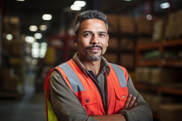 Portrait of a Hispanic middle aged worker leaning on pallet in warehouse