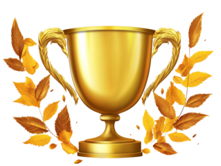 a gold trophy with leaves around it