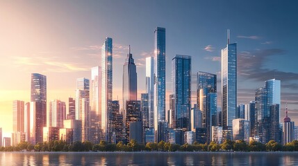 Fototapeta premium Create a sleek, modern city skyline displaying efficient resource allocation in a digital 3D style Ensure buildings vary in height, color, and function