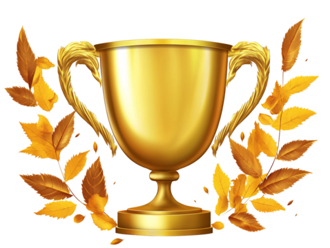 a gold trophy with leaves around it