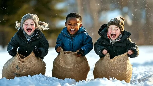 Families Enjoying Sack Race Fun in Winter Snow