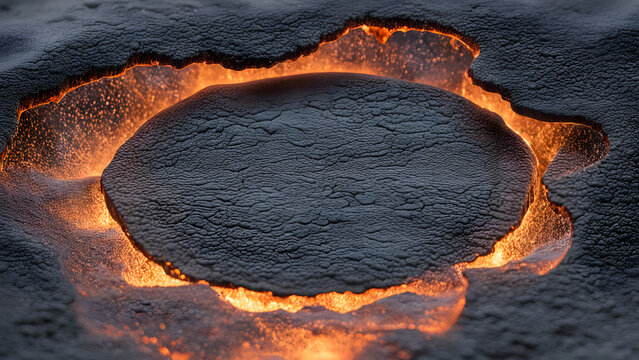 Frosted metallic surface melting into liquid pools of molten iron with sparks flying around, AI Generated