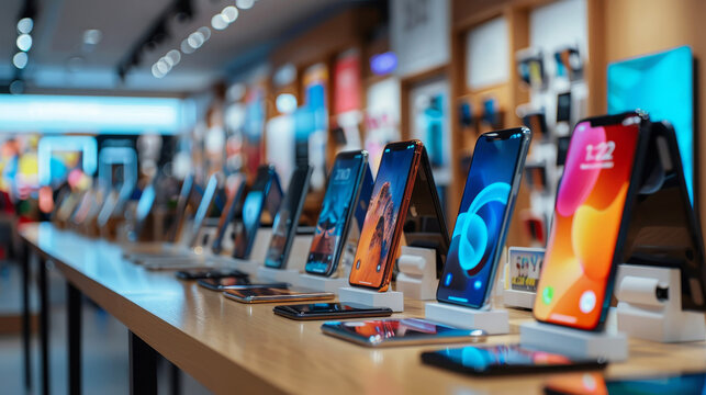 Modern smartphone shop with a variety of new phones on display