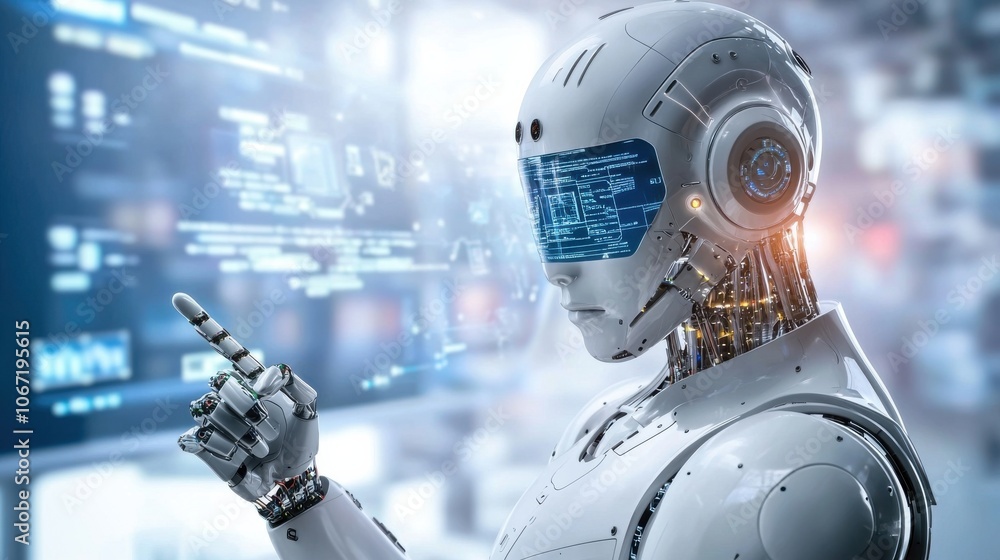 Poster high-tech autonomous robot operator in modern warehouse