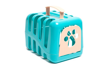 Pet carrier. Plastic carrying case for traveling with pets or visiting veterinarian. Animal transportation box or kennel.