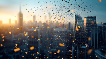 Celebrating Success: A Tapestry of Golden Confetti Over a Vibrant Cityscape at Sunset Hour. Stock Market Fail Concept