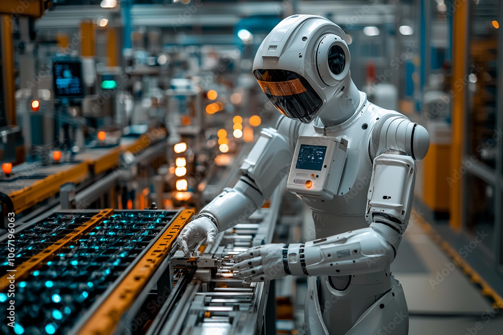 Aufkleber robot worker operating machinery in a modern factory
