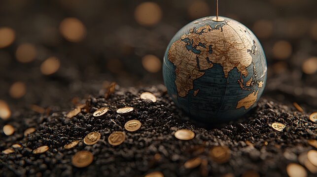 A Stunning Globe Suspended Above a Pile of Coins, Symbolizing Wealth and Global Connectivity Today. Stock Market Fail Concept