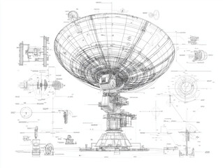 Radio Telescope Blueprint: Detailed technical drawing of a radio telescope, showcasing its intricate design and engineering marvel. Perfect for science, technology, and engineering concepts. 