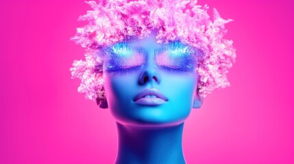 Obraz premium Vibrant neon portrait featuring futuristic makeup and cotton candy hair