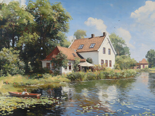 Obraz premium Summer Idyll: Lakeside Farmhouse Painting 
