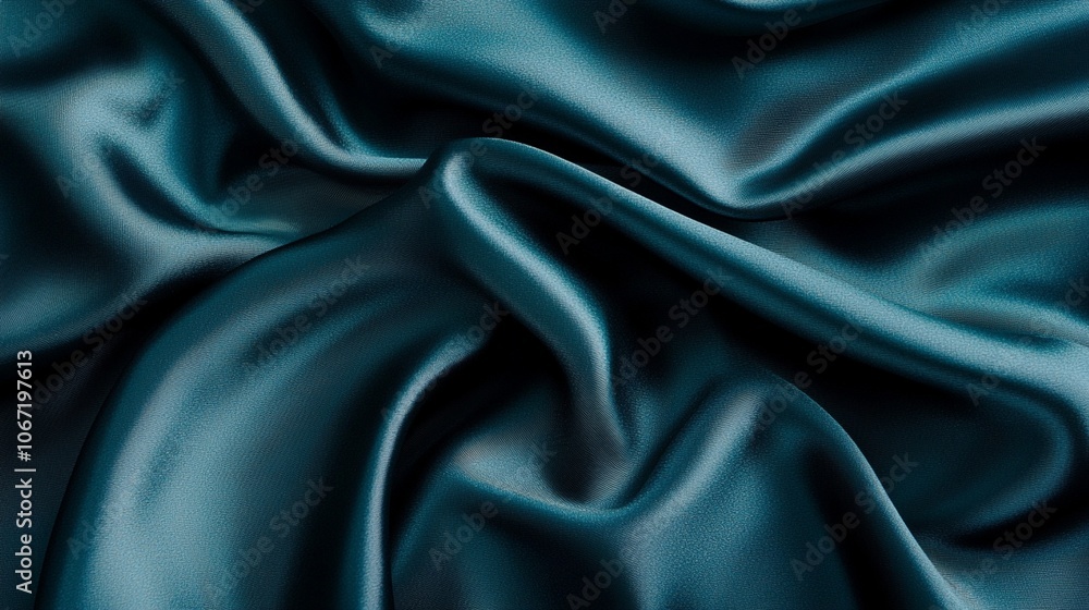 Poster luxurious teal satin fabric draped in elegant folds, creating a mesmerizing play of light and shadow
