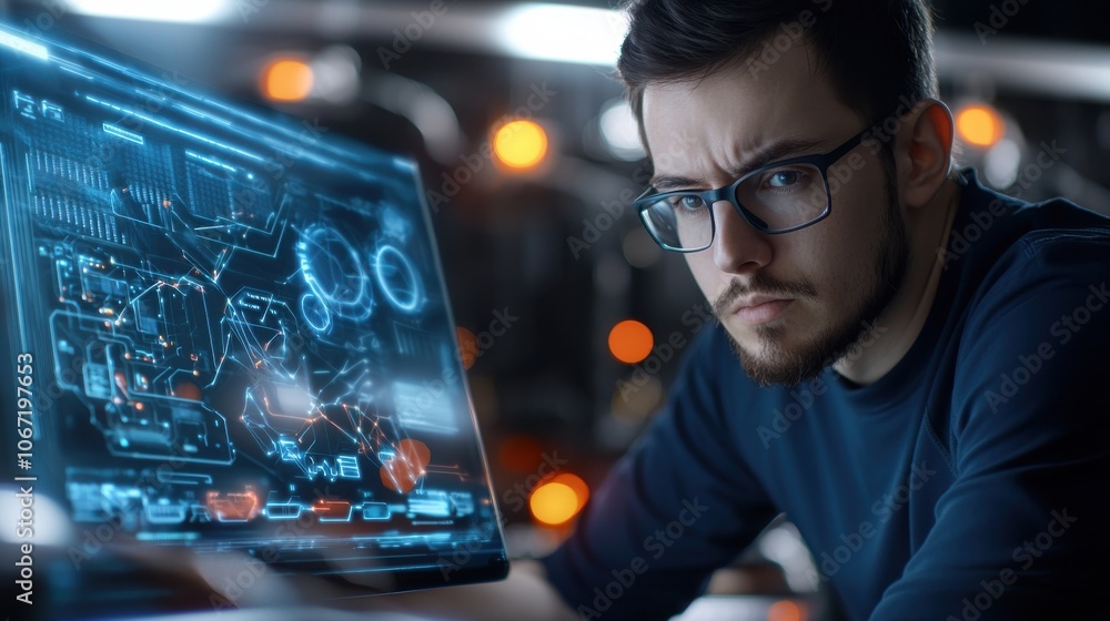 Poster analyzing data in high-tech environment
