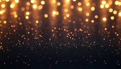 Naklejka premium Golden glitter lights on a dark background. Abstract bokeh sparkles creating a warm, festive atmosphere. Perfect for holiday or New Year's celebrations.