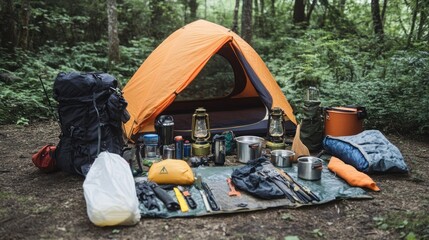 Camping Gear - Essential camping gear laid out by a tent, including lanterns, cooking tools, and sleeping bags.