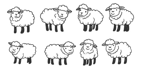 Fototapeta premium Set of adorable hand-drawn sheep in line art style, featuring playful lamb illustrations in vector format, perfect for children’s designs and farm-related themes.
