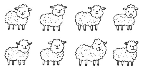 Set of adorable hand-drawn sheep in line art style, featuring vector illustrations of fluffy lambs, ideal for graphic designs and animal-themed projects.