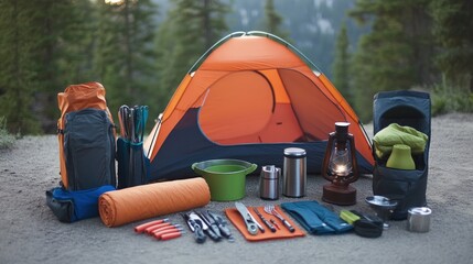 Camping Gear - Essential camping gear laid out by a tent, including lanterns, cooking tools, and sleeping bags.