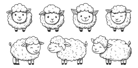 Obraz premium Set of adorable hand-drawn space-themed sheep in line art style, featuring cute sheep with space elements in vector format, ideal for creative and whimsical designs.