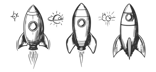 Cartoon hand-drawn space rockets vector set, perfect for whimsical icons or playful design elements.