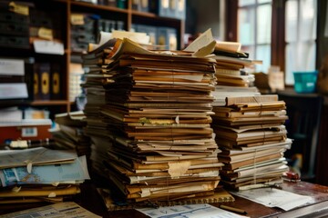 Collection of business analytics charts and graphs stacked on each other on paper on desk in office