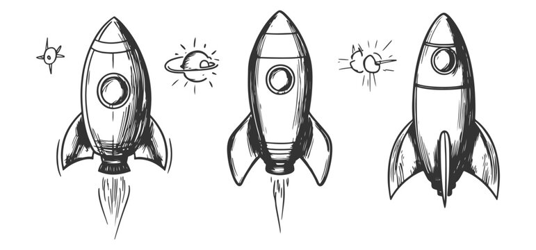 Cartoon hand-drawn space rockets vector set, perfect for whimsical icons or playful design elements.