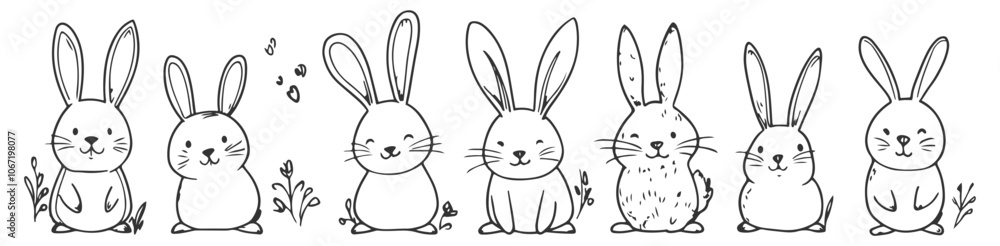 Poster set of charming hand-drawn rabbits in line art vector style, featuring various poses and expressions